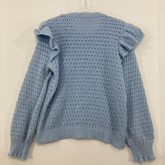 New LOFT size XL Light Blue Open Knit Ruffle Detail Elegant Preppy Sweater - Picture 7 of 10